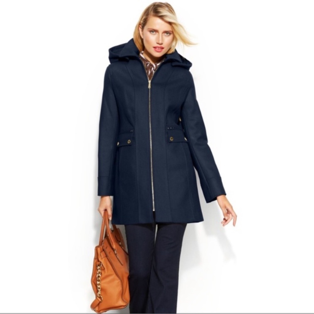 Michael Kors Zip-Up Hooded Wool Peacoat navy blue size 2